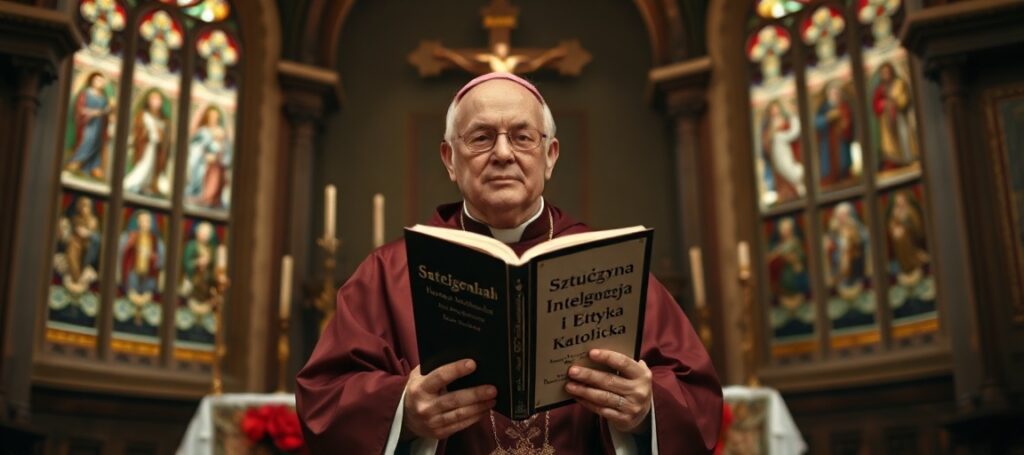Biskup w tradycyjnym stroju liturgicznym stoi przed ołtarzem z krzyżem, trzymając księgę o sztucznej inteligencji i etyce katolickiej w historycznym wnętrzu kościoła z witrażami.