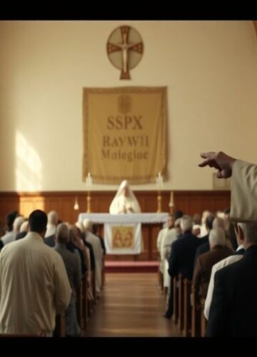 Tradycyjna msza święta w kościele z biskupem Philipem Eganem obserwującym z nieapprobatą Tradycyjna msza święta w kościele z biskupem Philipem Eganem obserwującym z nieapprobatą.