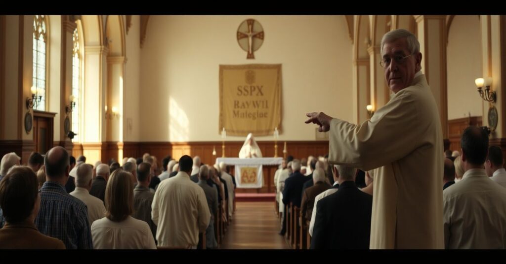 Tradycyjna msza święta w kościele z biskupem Philipem Eganem obserwującym z nieapprobatą.