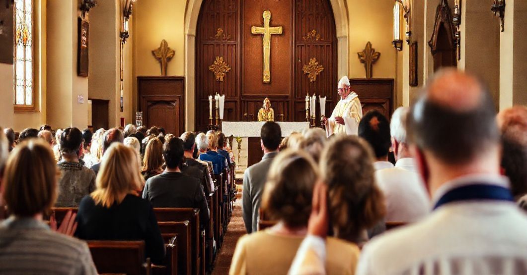 Uroczysta katolicka msza w tradycyjnym kościele z biskupem wygłaszającym kazanie z ambony. Scena przedstawia wiernych w modlitwie, w tle widoczne są współczesne elementy i symbole sekularne.