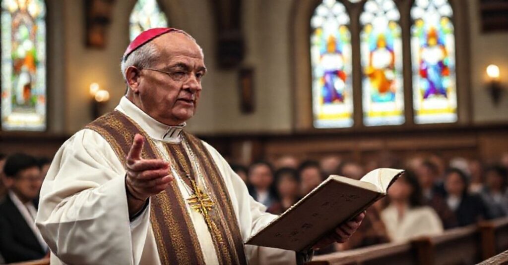 Tradcyjny biskup w kościele podczas kazania o zbawieniu przez Kościół Katolicki