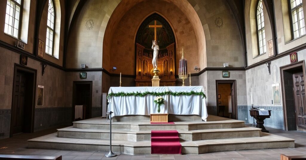 Biskup Roman Pindel podczas homilii w kościele św. Maksymiliana Kolbego w Oświęcimiu przed tłem Auschwitz-Birkenau