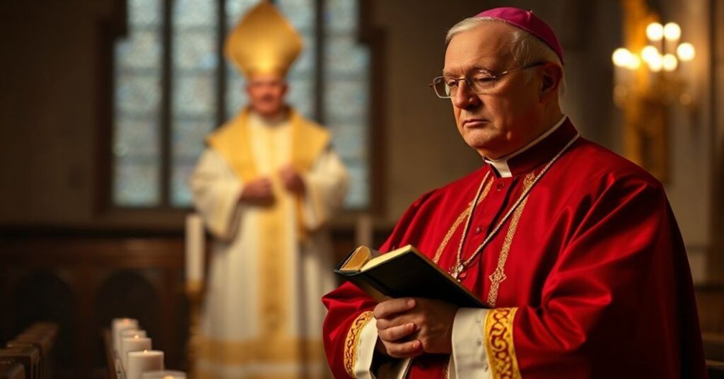 Biskup w tradycyjnych szatach liturgicznych stoi w kaplicy, wyrażając poważne zaniepokojenie w obliczu antykatolickiej apostazji posoborowej.