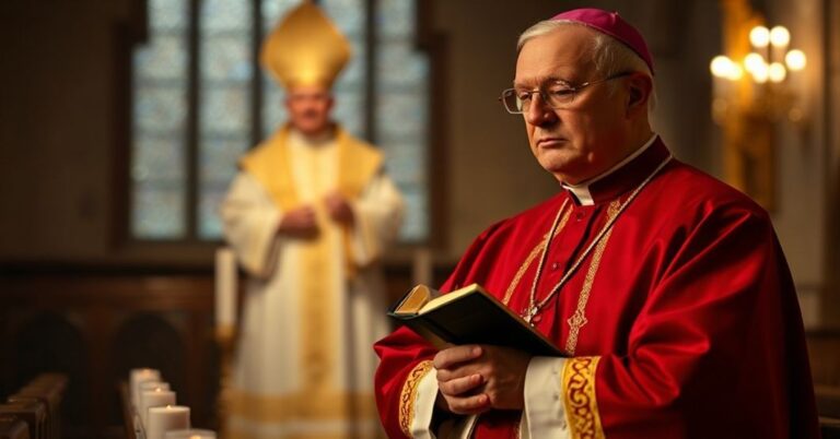 Biskup w tradycyjnych szatach liturgicznych stoi w kaplicy, wyrażając poważne zaniepokojenie w obliczu antykatolickiej apostazji posoborowej.