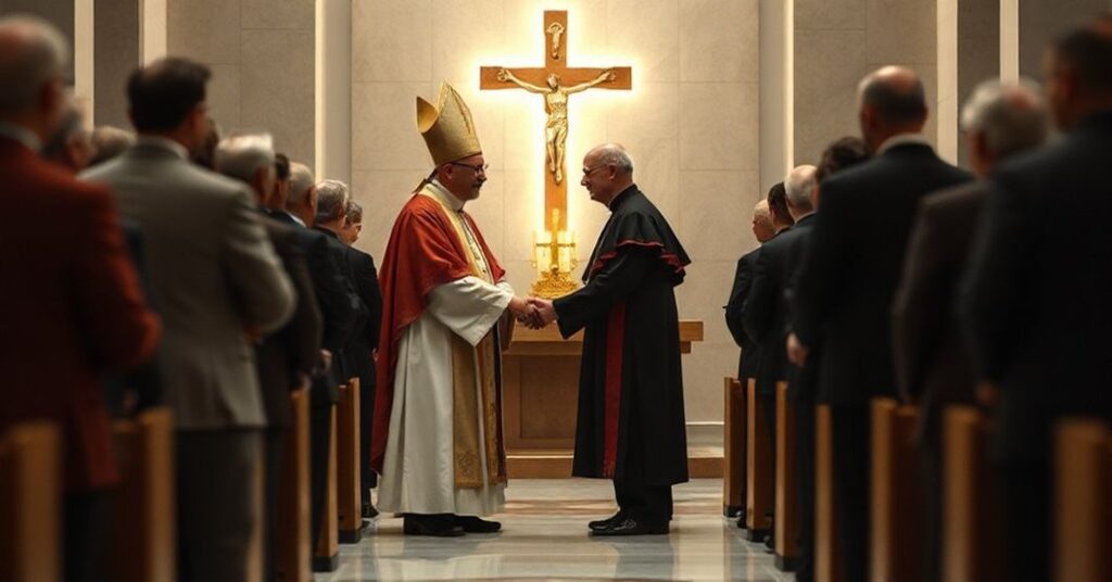 Biskup Jan Piotrowski spotykający się z uzurpatorem Robertem Prevostem w modernistycznej kaplicy