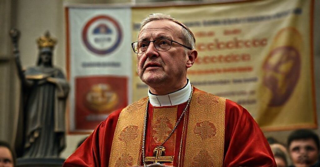 Portret 'Biskupa' Jana Piotrowskiego podczas przemówienia w Kielcach, z tłem symbolizującym konflikt między tradycyjnym królowaniem Chrystusa a nowoczesnym redukcjonizmem.