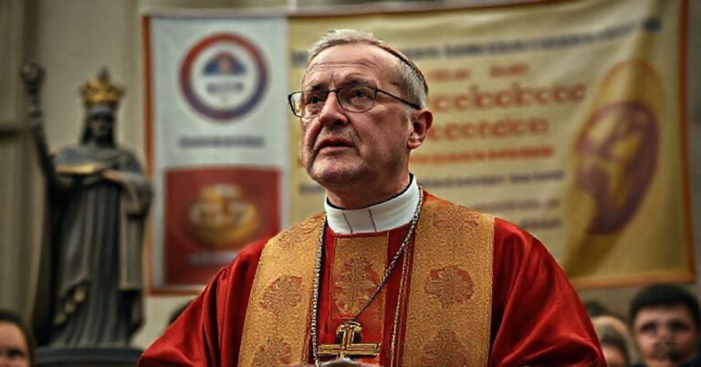 Portret 'Biskupa' Jana Piotrowskiego podczas przemówienia w Kielcach, z tłem symbolizującym konflikt między tradycyjnym królowaniem Chrystusa a nowoczesnym redukcjonizmem.