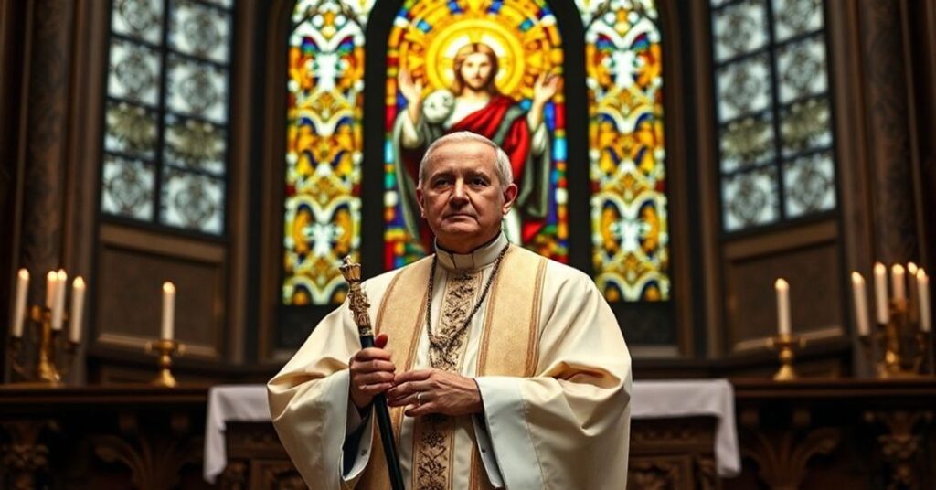 Biskup katolicki w tradycyjnych szatach liturgicznych stoi przed ołtarzem z krzyżem biskupim, symbolizującym władzę Chrystusa Króla nad narodami.