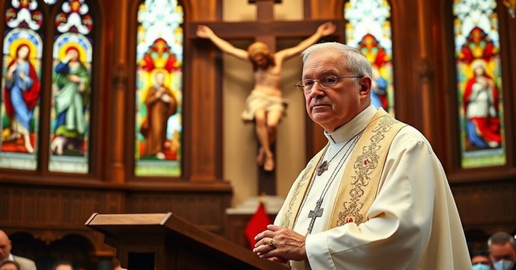 Stojący przed amboną biskup w tradycyjnych szatach liturgicznych przemawia do zgromadzenia w kościele z witrażami przedstawiającymi mękę Chrystusa. Na tle krzyż dominuje sceną.