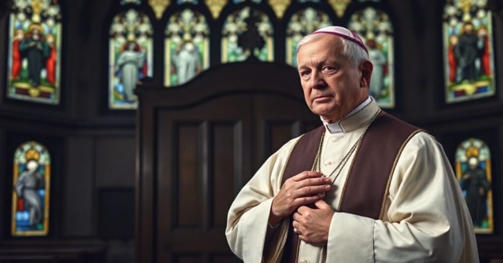 Biskup w tradycyjnym stroju liturgicznym stoi przed konfesjonałem w ciemnym wnętrzu kościoła z witrażami przedstawiającymi sceny pokuty.