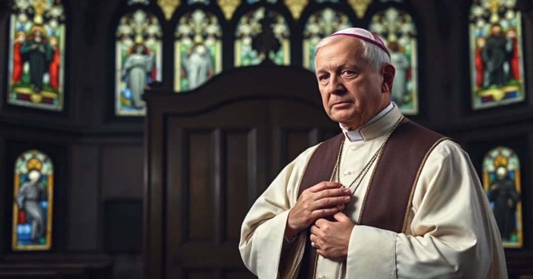 Biskup i porzucony sakrament pokuty - krytyka posoborowych reform Biskup w tradycyjnym stroju liturgicznym stoi przed konfesjonałem w ciemnym wnętrzu kościoła z witrażami przedstawiającymi sceny pokuty.