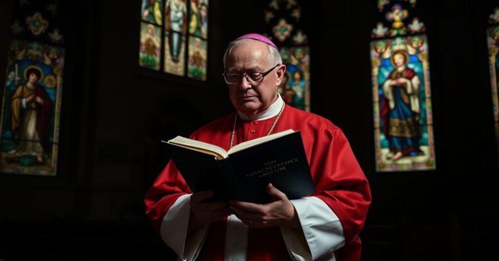 Biskup w tradycyjnym stroju liturgicznym przeczytając oświadczenie COMECE na temat finansowania aborcji przez UE w ciemnym wnętrzu kościoła z witrażami przedstawiającymi nauczanie o świętości życia.