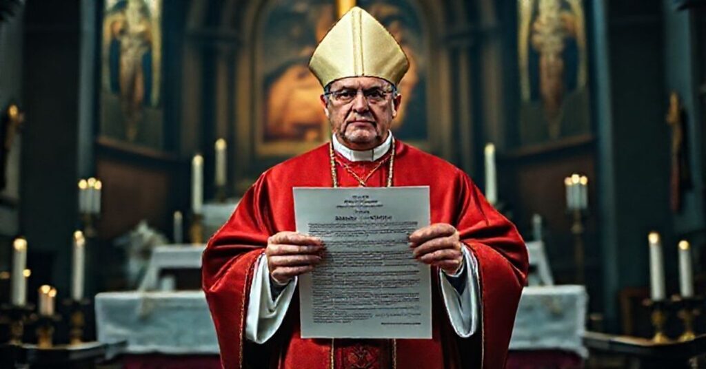 Sobór katolicki z biskupem w pełnym stroju liturgicznym trzymającym dokument potępiający procedury IVF