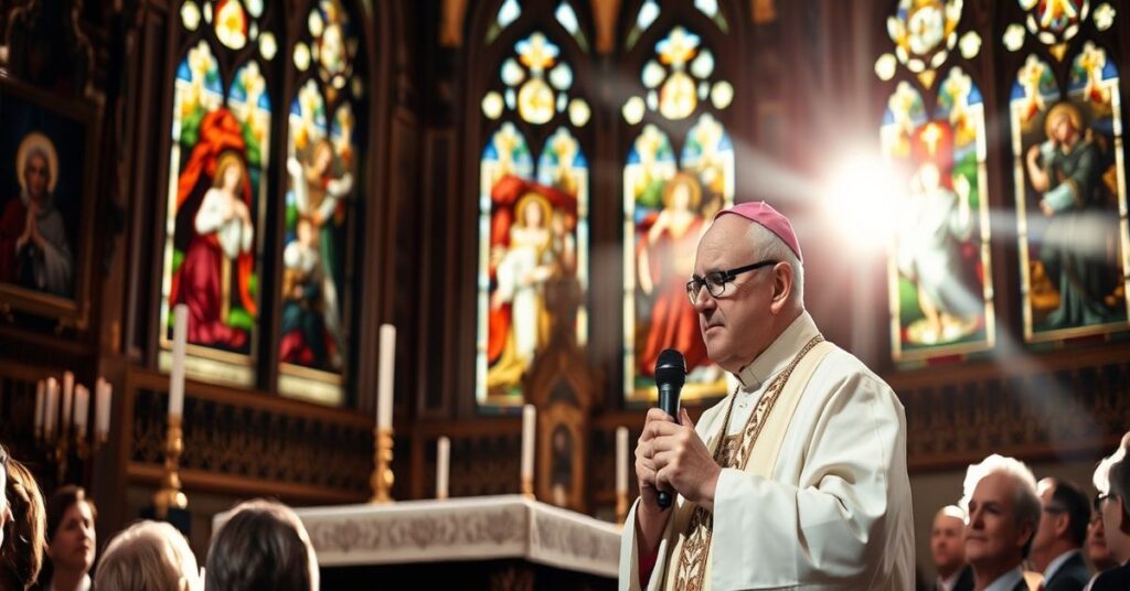 Krakowski biskup przed ołtarzem katedralnym, podążając za nauczaniem Piusa XII i św. Augustyna, wytyka moralne kompromisy w prawie aborcyjnym Indiany.