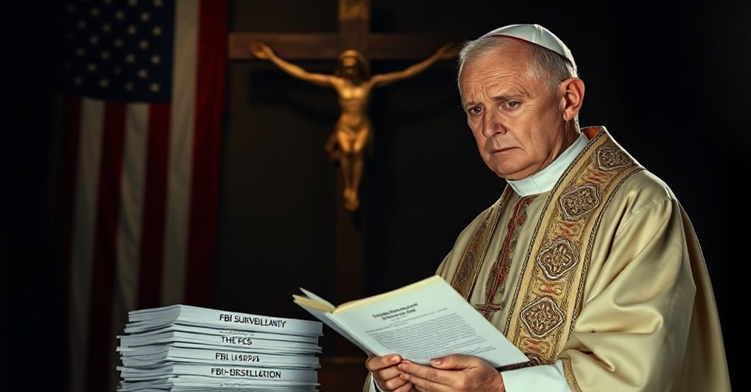 Biskup w tradycyjnych szatach liturgicznych przed krzyżem i dokumentami FBI