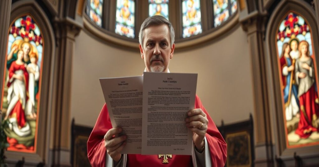 Biskup Józef Wróbel SCJ trzyma dokument potępiający sztuczną prokreację w tradycyjnej katedrze