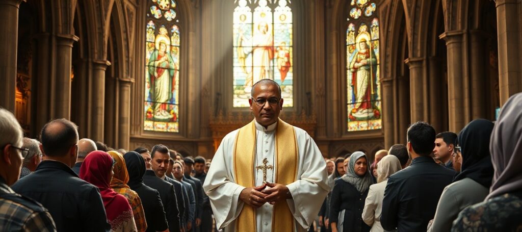 Biskup Joshy George Pottackal w niemieckiej katedrze otoczony różnorodną grupą wiernych