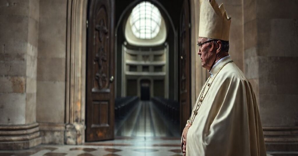 Tradycyjny biskup katolicki w stroju liturgicznym stoi przed zamkniętym drzwiami kościoła w tle widoczne jest nowoczesne pusty sala synodalu symbolizujące zagrożenie dla hierarchii kościelnej