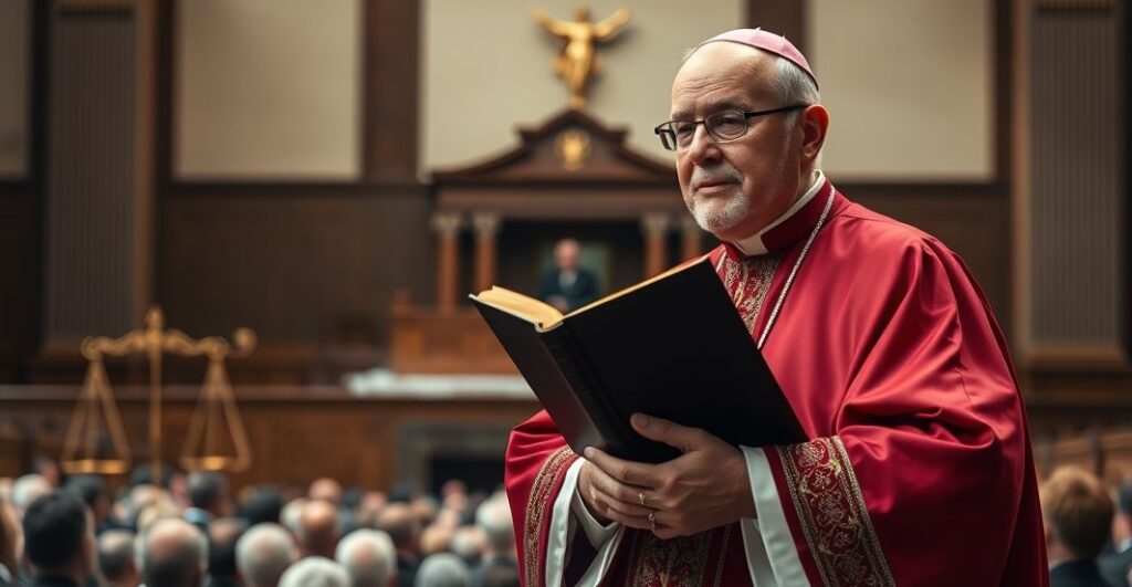 Biskup w tradycyjnych szatach kościelnych stoi przed zgromadzeniem, trzymając książkę symbolizującą prawo naturalne i boskie, z modernnym sądem w tle, uosabiającym kult prawa stanowionego. Scena oświetlona jest ciepłym, godnym światłem, podkreślającym konflikt między świętym a świeckim.
