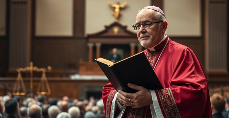 Biskup w tradycyjnych szatach kościelnych stoi przed zgromadzeniem, trzymając książkę symbolizującą prawo naturalne i boskie, z modernnym sądem w tle, uosabiającym kult prawa stanowionego. Scena oświetlona jest ciepłym, godnym światłem, podkreślającym konflikt między świętym a świeckim.