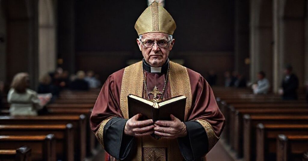 Biskup w tradycyjnych szatach liturgicznych stoi przed pustym ołtarzem w opuszczonej świątyni. Wyraz twarzy wyraża smutek i zaniepokojenie. W tle widoczne są rozmyte postacie biskupów zaangażowanych w świeckie działania. Kontrastuje to z sakralnym pomieszczeniem.