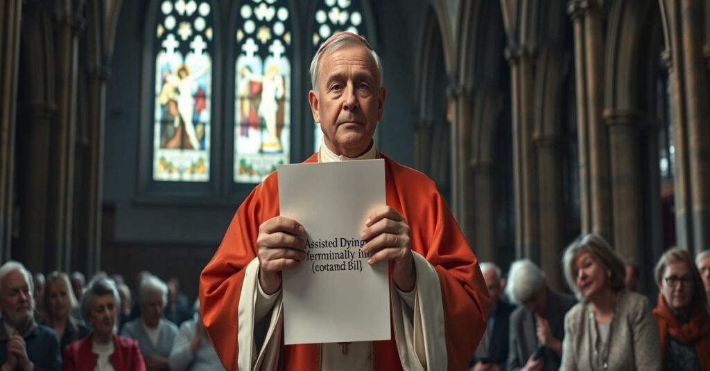 Krajobraz gotycki kościoła z biskupem w stroju liturgicznym trzymającym dokument o eutanazji, z wiernymi modlącymi się w tle.