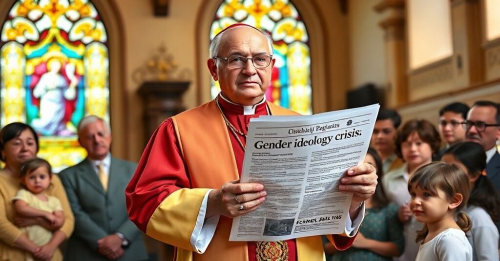 Biskup w tradycyjnych paramentach stoi przed grupą zaniepokojonych rodziców i dzieci, trzymając kopię przepisów HHS. W tle widoczny jest klasyczny wnętrze kościoła z witrażami przedstawiającymi Imago Dei.
