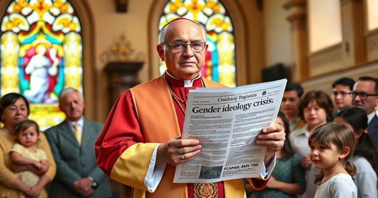 Biskup w tradycyjnych paramentach stoi przed grupą zaniepokojonych rodziców i dzieci, trzymając kopię przepisów HHS. W tle widoczny jest klasyczny wnętrze kościoła z witrażami przedstawiającymi Imago Dei.