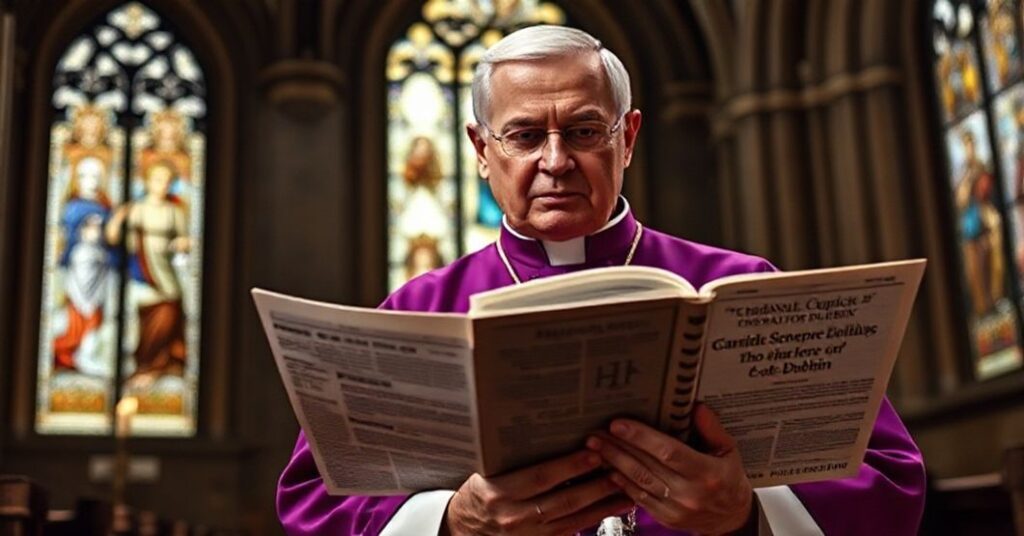 Biskup w tradycyjnym purpurowym ornaty patrzy na wiadomość o kardynale Cupichu honorującym senatora Durbina, z rozżaleniem na twarzy i Biblią w ręku