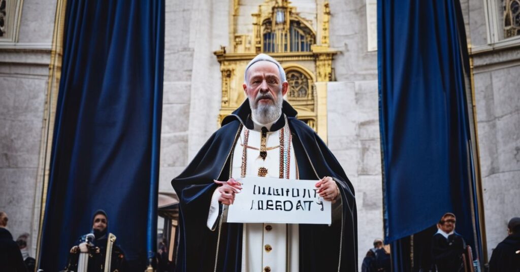 Tradycyjny biskup katolicki w habitach protestuje przed francuską katedrą przeciwko ustawie o eutanazji Macrona.