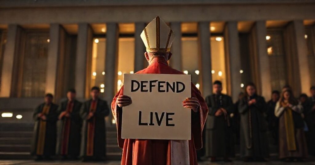 Biskup w tradycyjnych szatach przed budynkiem Parlamentu Europejskiego z protestującymi katolikami modlącymi się różanicą na tle