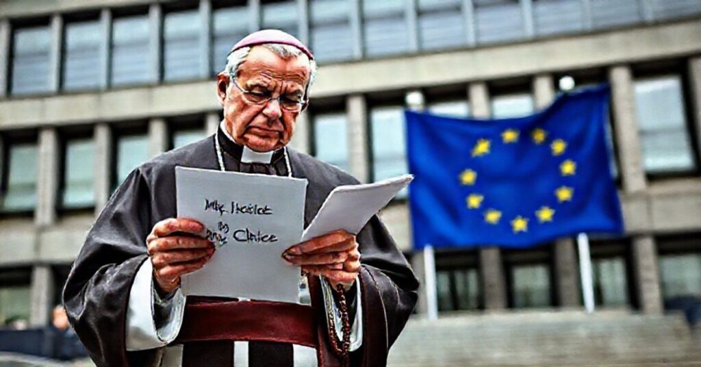 Obraz przedstawiający katolickiego biskupa w tradycyjnych szatach liturgicznych przed budynkiem Parlamentu Europejskiego. Biskup wygląda na zatroskanego i trzyma różaniec podczas czytania dokumentu zatytułowanego "My Voice, My Choice". Tło ma flagę Unii Europejskiej. Scena oddaje moralne oburzenie i smutek związany z finansowaniem aborcji przez Parlament.