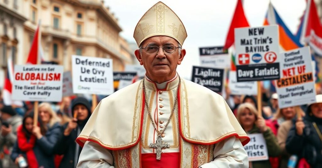Biskup w tradycyjnych szatach kościelnych przed tłumem protestującym przeciwko globalizmowi.