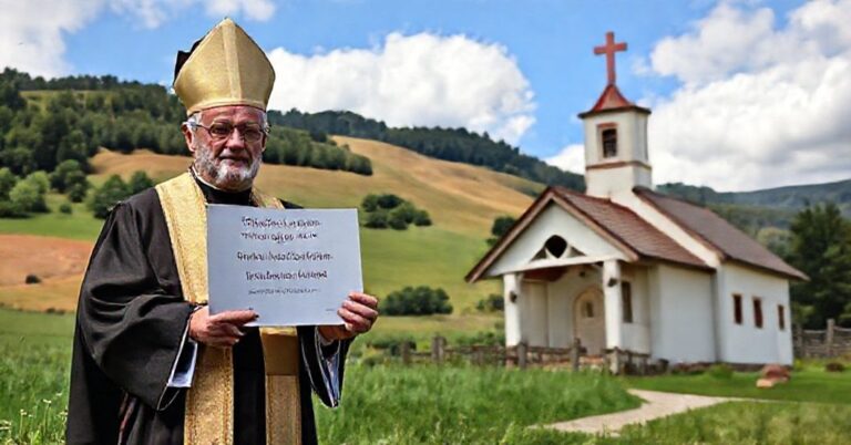 Tradycyjny biskup w szatach liturgicznych stoi przed wotywem maryjnym, trzymając petycję przeciwko eutanazji na tle wiejskiego krajobrazu i kościoła.