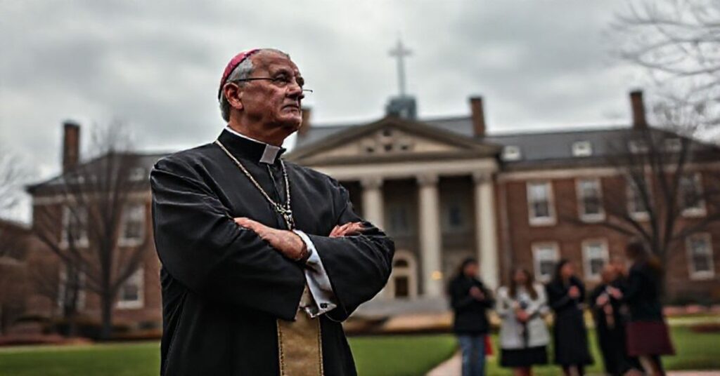 Tradycyjny katolicki biskup stoi smutno przed kampusem Brown University po strzelaninie