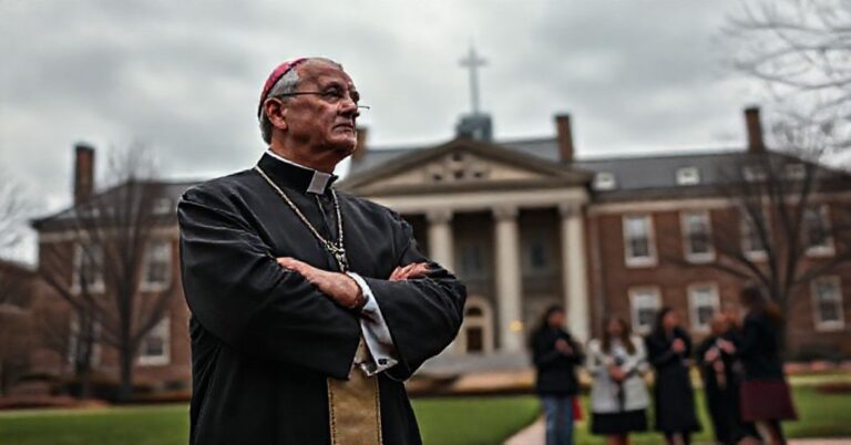 Tradycyjny katolicki biskup stoi smutno przed kampusem Brown University po strzelaninie