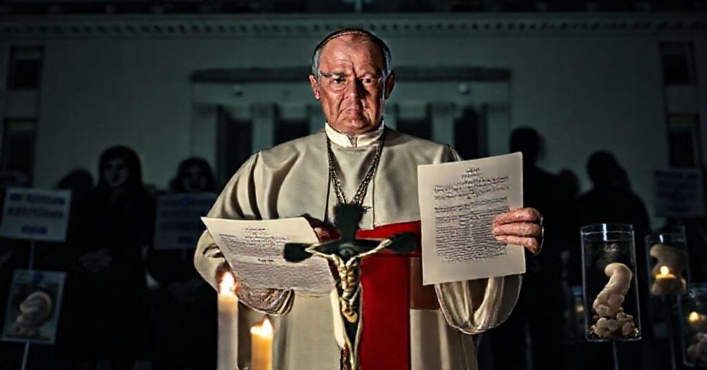 Biskup w tradycyjnych szatach liturgicznych przed budynkiem Parlamentu Europejskiego, trzymając rezolucję "My Voice, My Choice", z cieniem polityków polskich i symbolami życia niedopuszczalnego.