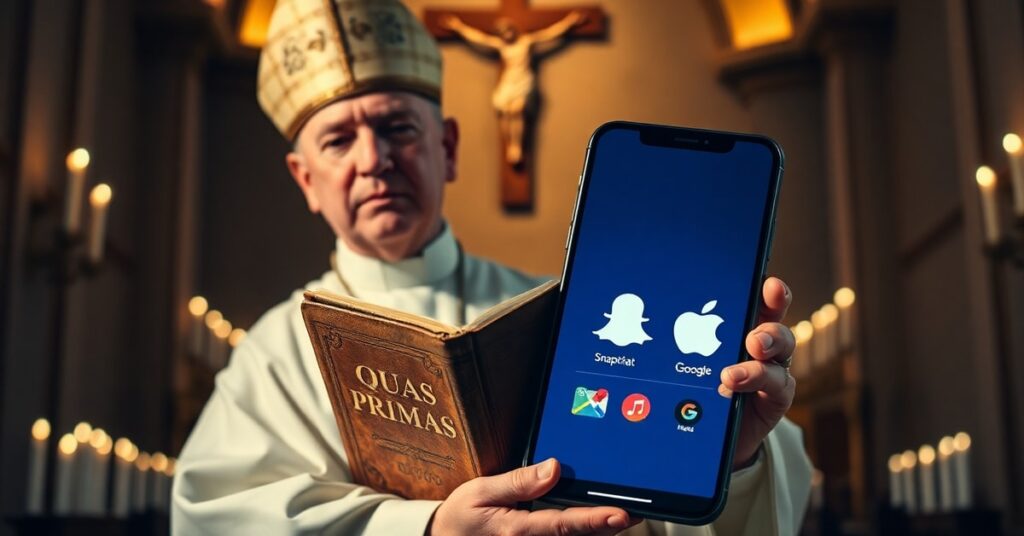 Biskup katolicki w tradycyjnych szatach podkreślający zagrożenie cyfrową inwigilacją dzieci zgodnie z nauką Kościoła w kontekście kanadyjskiego Bill C-34 i korporacyjnych sporów o władzę