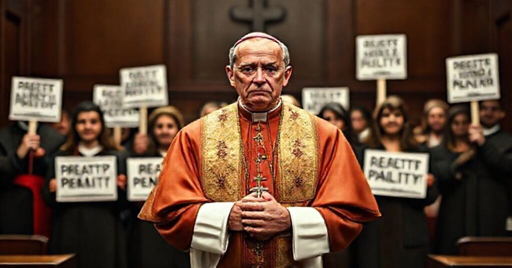Biskup w tradycyjnych szatach stoi przed grupą aktywistów przeciw kary śmierci, symbolizując konflikt między wiarą a modernizmem