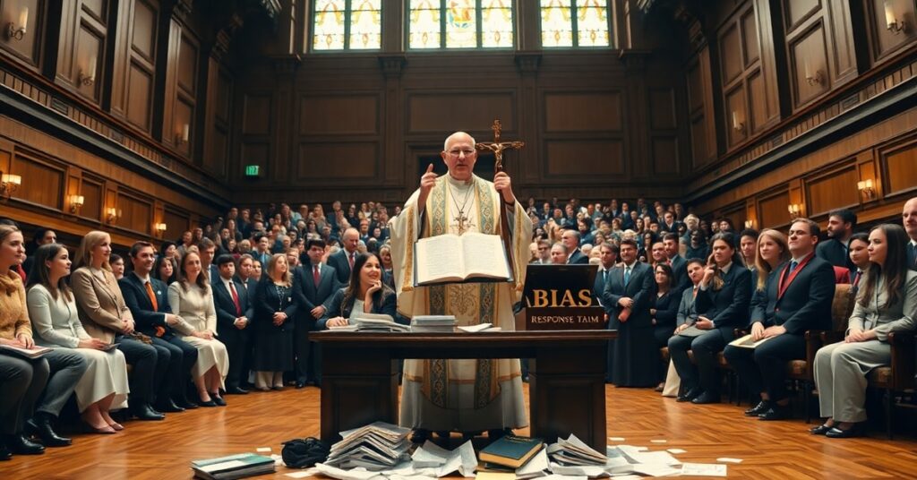 Biskup katolicki w stroju liturgicznym wskazuje na zlikwidowany zespół Bias Response Team w uniwersyteckiej sali wykładowej, symbolicznie kończąc ideologiczną cenzurę w amerykańskim szkolnictwie