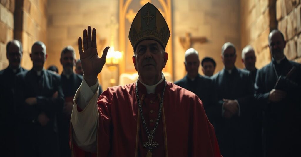 Tradycyjny biskup katolicki w pełnej pontyfikalnej szacie stojący przed Grobem Świętym w Jerozolimie