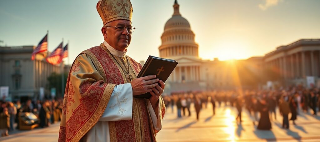 Tradycyjny katolicki biskup w liturgicznych szatach stoi przed Kapitolem w USA z zamkniętym brewiarzem o złotym krzyżu.
