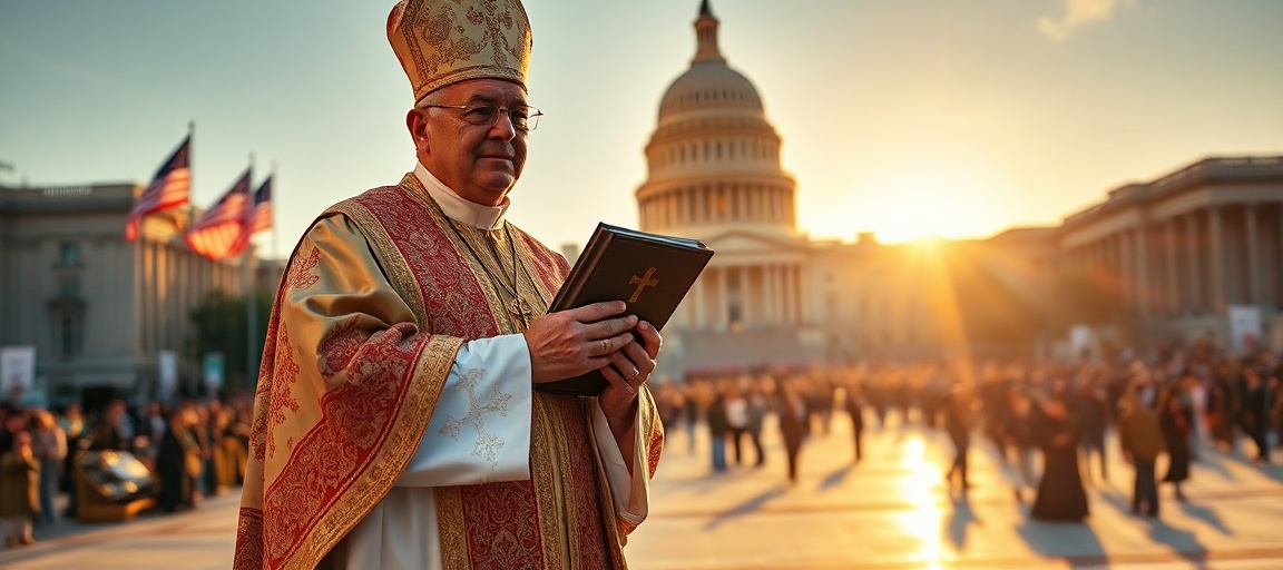 Tradycyjny katolicki biskup w liturgicznych szatach stoi przed Kapitolem w USA z zamkniętym brewiarzem o złotym krzyżu.