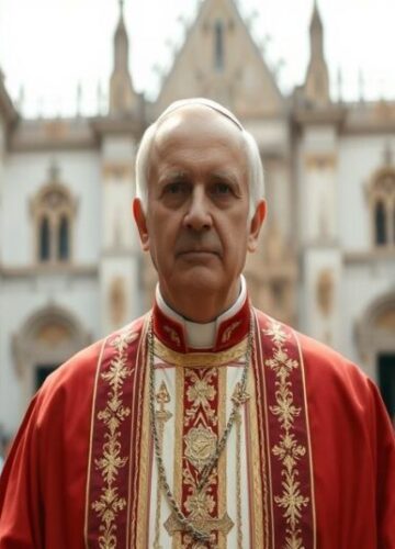 Biskup przed katedrą; współczesna apostazja Biskup w tradycyjnych szatach przed katedrą; w tle schyłkowy Kościół wraz z ekumenizmem