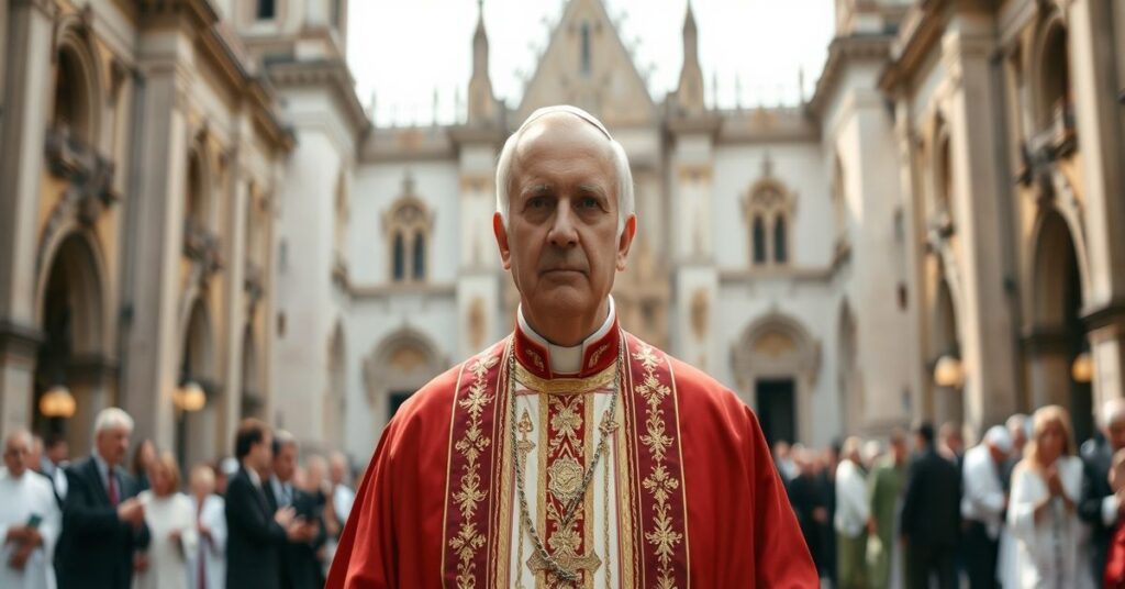 Biskup w tradycyjnych szatach przed katedrą; w tle schyłkowy Kościół wraz z ekumenizmem