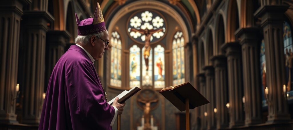 Biskup tradycjonalista w szatach liturgicznych modlitwy o prawdziwą jurysdykcję w Kościele wobec herezji i schizmy