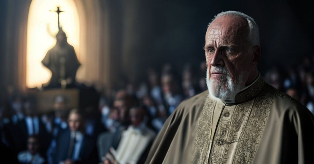 Biskup w tradycyjnych szatach liturgicznych stojący przy trybunie ONZ z wyrazem głębokiej troski na twarzy