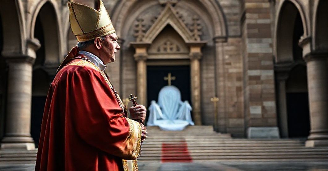 Biskup przed pustym tronem - apel o powrót do tradycji Sobór katolicki z pustym tronem i tradycyjnym biskupem modlącym się za odnowę wiary