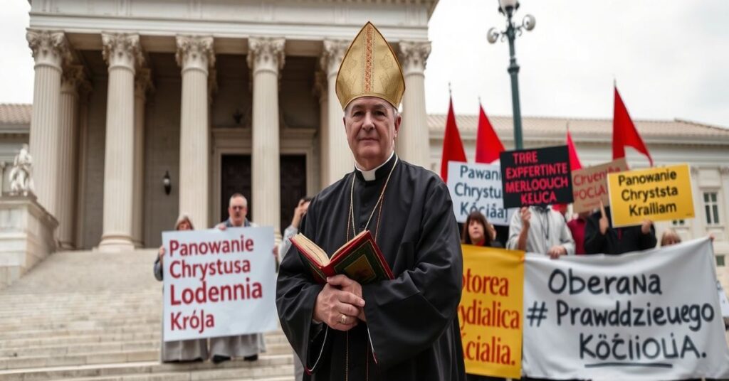 Tradycyjny katolicki biskup w pełnym ornacie liturgicznym przed Sądem Najwyższym USA