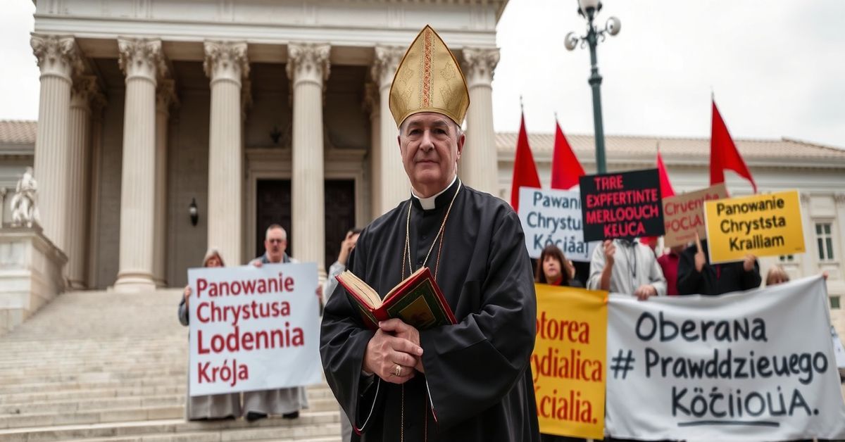 Tradycyjny katolicki biskup w pełnym ornacie liturgicznym przed Sądem Najwyższym USA
